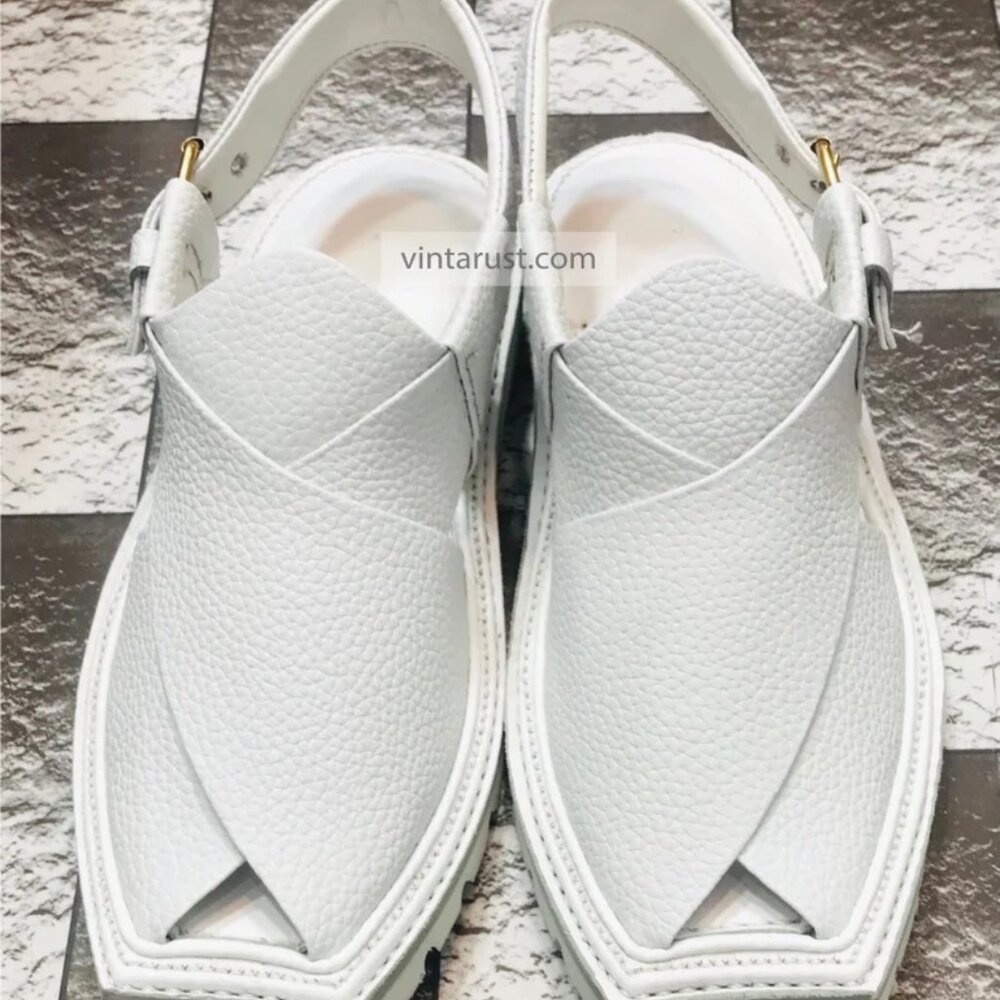 Premium White Peshawari Chappal, Handmade Pure Leather Kaptaan Chappal - Picture 2 of 6